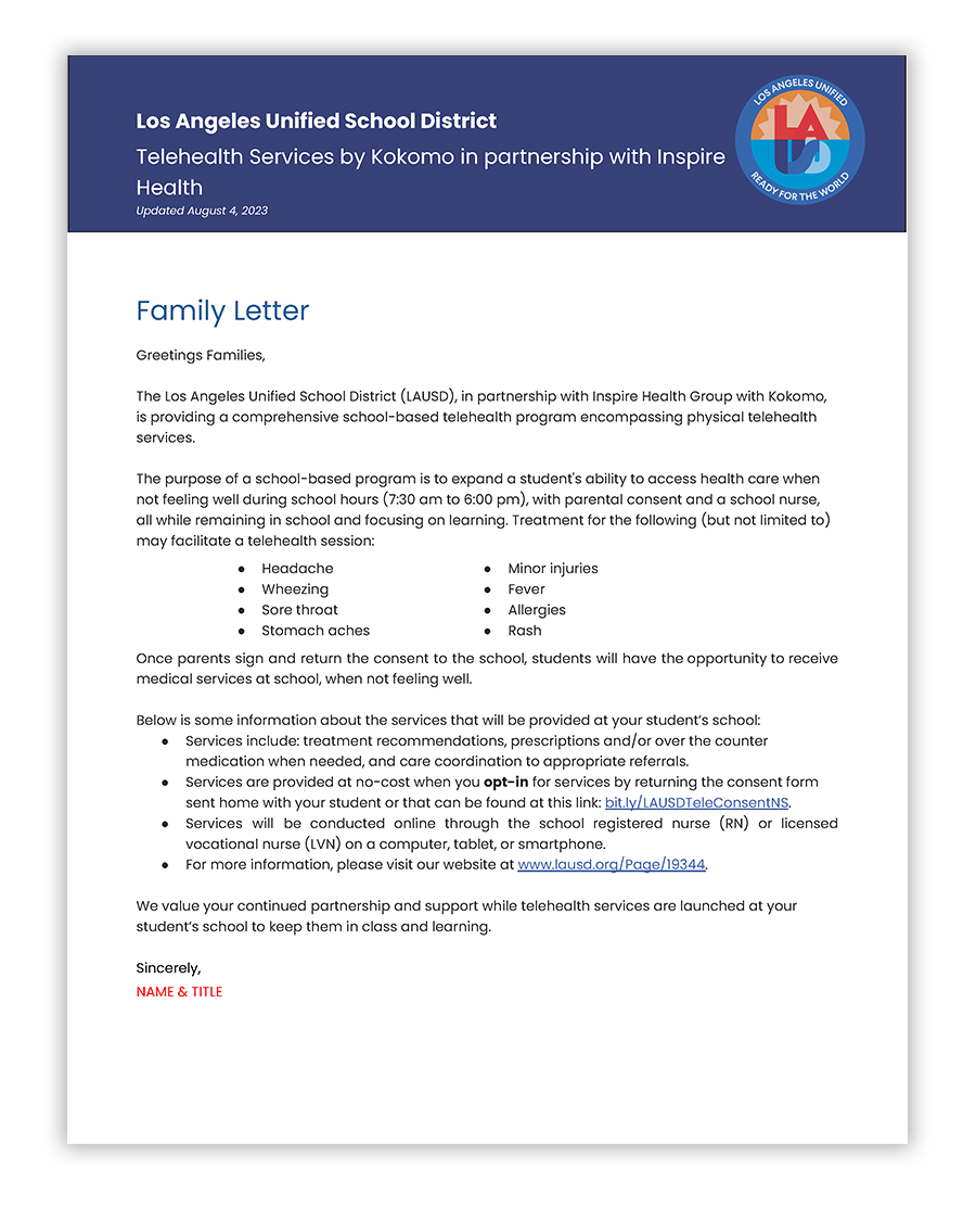 Telehealth Services Family Letter - Kokomo