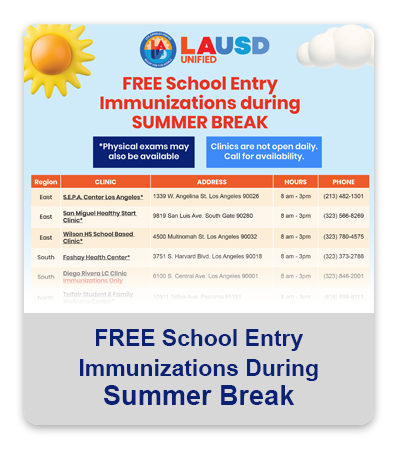 Free School Entry Immunizations During Summer Break - Clinics Flyer