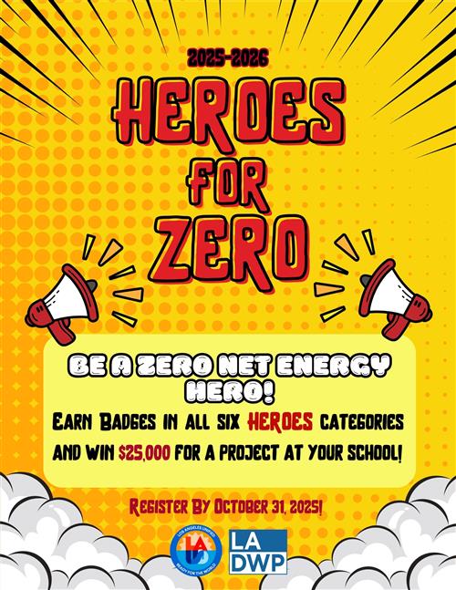 yellow flyer with bold red text announcing the HEROES for Zero energy saving contest