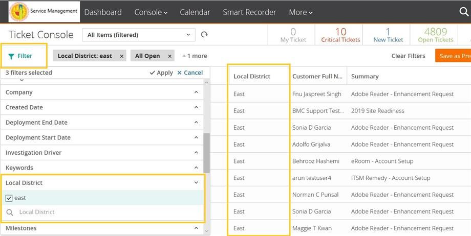 Smart IT Ticket Console - Local District Filter 