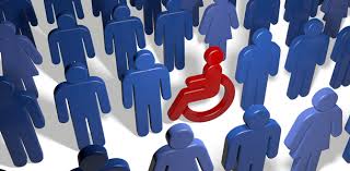 red person in a wheelchair surrounded by blue people 