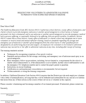 SAMPLE LETTER: NALOXONE REQUEST FOR VOLUNTEERS