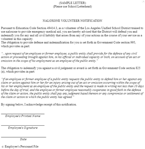 SAMPLE LETTER: NALOXONE VOLUNTEER NOTIFICATION LETTER