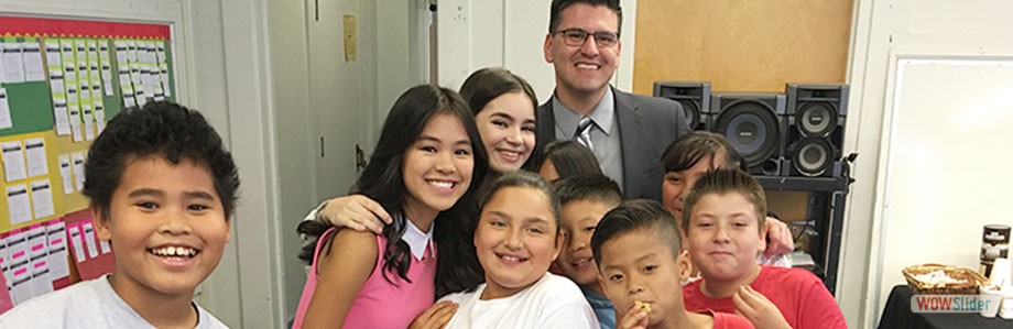 Principal Angulo (Griffin Ave.), Disney Channel actresses, and students celebrating Digital Citizenship Week
